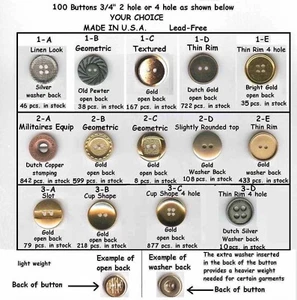 100 botones de metal de 3/4" de 2 o 4 orificios oro plata antiguos 19 mm - elección de 14 estilos - Imagen 1 de 1