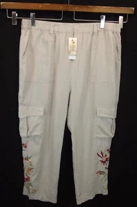 NEW $350 Johnny Was Womens Pants XXL 2XL Los Angeles 100% Linen Sand Khaki Cargo - Picture 1 of 11