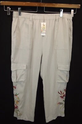NUEVO $350 Pantalones Johnny Was Mujer XXL 2XL Los Ángeles 100% Lino Arena Caqui Carga Foto 1 de 4