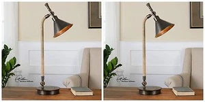 TWO DUVALL TASK INDUSTRIAL STYLE AGED METAL DESK LAMPS ADJUSTABLE SHADE 29180 - Picture 1 of 4