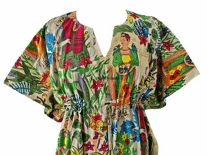 Indischer Baumwollkaftan Frida Kahlo bedruckt, Damen Baumwolle langes Kaftan Kleid, sexy  - Bild 1 von 3