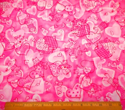 Tela de San Valentín por yarda corazones de oso de peluche metálico plata rosa algodón en muy buena condición C Foto 1 de 2