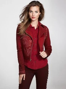 GUESS RED EMBELISHED DENIM JEAN MOTO BIKER JACKET NWT SIZE XS - Picture 1 of 8