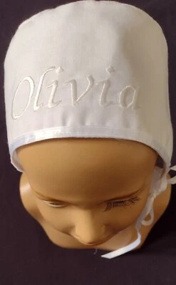 Girl Boy Satin  Personalized Embroidered  Christening/Baptism Hat/Bonnet  0-24 M - Image 1 of 4