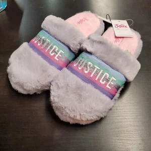 Justice Girl's Scuff SLIP ON Gray & Pink SLIPPERS Plush Faux Fur SIZE 4/5 - NEW! - Picture 1 of 3