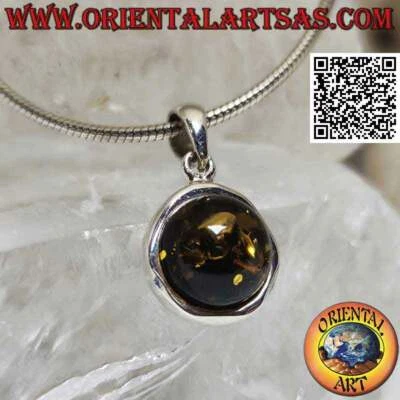 Ciondolo in argento 925‰ ambra verde tonda su montatura tonda irregolare - Immagine 1 di 4