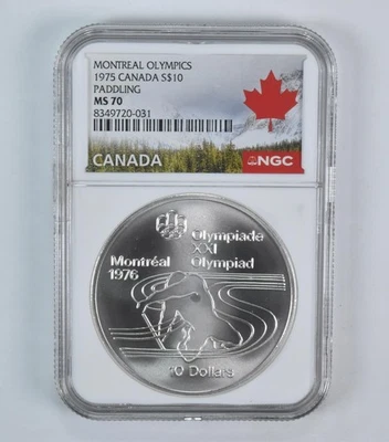 1975 Canada 10 Dollars Silver Olympic Paddling MS70 NGC Canada Lbl - Image 1 of 4