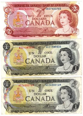 Billetes de $2 y dos de Canadá de $1. Lote de 3 billetes. Los billetes exactos son para pujar. Foto 1 de 2