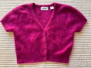 Vintage Women’s Angora Rabbit Hair Crop Cardigan Sweater Sz M Hot Pink Button Up - Picture 1 of 10