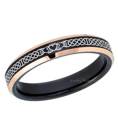 Обручальное кольцо из кельтского кладдахского черного и розового золота карбида вольфрама 4 мм - Изображение 1 из 3