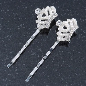 2 Bridal/ Prom Crystal, Simulated Pearl 'Crown' Hair Grips/ Slides In Rhodium - Picture 1 of 4