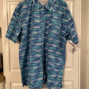 Columbia PFG Herren blaues Kurzarm Hemd mit Knopfleiste und Fischprint belüftet L - Bild 1 von 8