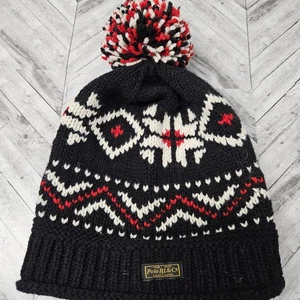 Polo Ralph Lauren Nordic Wool Beanie Pompom Black Red Knit - Picture 1 of 3