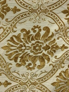 GOLD BEIGE DAMASK CHENILLE UPHOLSTERY BROCADE FABRIC (54 in.) Sold BTY - Picture 1 of 8