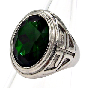 Ring Men emerald simulated stainless steel silver cross Christian huge SIZE 11 k