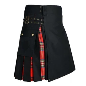 KILT - Black Hybrid Utility Kilt with Royal Stewart Tartan Inserts, Size 36″ - Picture 1 of 2