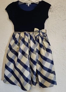 Tahari Girls 7 Blue Velvet Gold Plaid Skirt Crinoline Dress Holiday Christmas - Picture 1 of 8