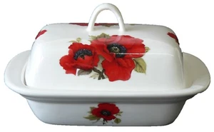 Mohn Butterdose tiefweiß Porzellan rundum verziert mit hellen Mohnblumen - Bild 1 von 1