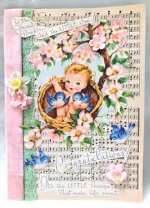 Quality Handcrafted Vintage Embellished New Baby Greeting Card OOAK! Birds 5x7 - Picture 1 of 6