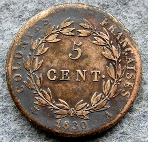FRENCH COLONIES Guiana CHARLES X 1830 A 5 CENTIMES, BRONZE - Picture 1 of 6