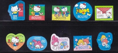 JAPAN 2013 HELLO KITTY & MY MELODY SUMMER GREETING 80 YEN COMP. SET OF 10 STAMPS - Image 1 of 4