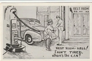 Cartolina d'epoca umorismo fumetto stazione di servizio, non sono stanco, dov'è la lattina? 1951 - Foto 1 di 2