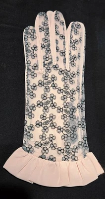 1940s CLAIR MCCARDELL Pink Nylon Gloves Black Floral Lace Design & Ruffled Cuffs - Image 1 of 4