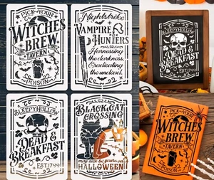 4 Halloween Signs Stencil Set Painted Decor Stencils Crafting Cat Skull Witches - Picture 1 of 6