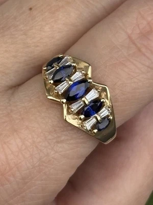 ELEGANTE Anillo Diamonique DQ Oro Amarillo 14k Zafiro Marquesa y Circonita Cónica Talla 6 Foto 1 de 4