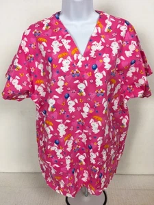 Handmade Scrub Women Top Size L Pink w Hearts White Bunnies Pockets V neck - Picture 1 of 11