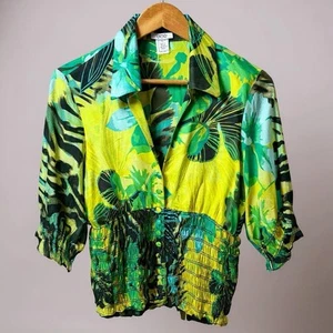 Y2K Cache Silk Blend Top L Green Large Ruched Jungle Print Animal Floral VTG - Picture 1 of 10