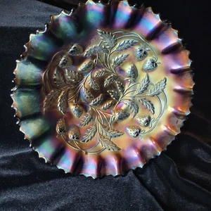 Northwood Amethyst Carnival Glass Strawberry Ruffled Bowl w/Basketweave 8.5" - Picture 1 of 4