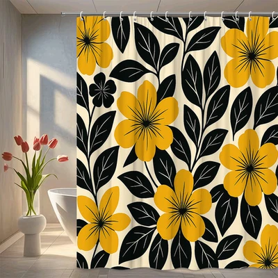Cortina de ducha floral negra y amarilla para decoración de baño moderna Foto 1 de 4