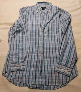 Brooks Brothers Button Up Shirt Mens Medium White Blue Plaid 100% Cotton - Picture 1 of 6