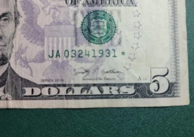 $5 Birthday Star Note JA03241931* Fancy Serial Number 2009, March 24th, 1931 - Image 1 of 3