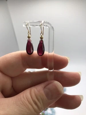 14K Gold Garnet Earrings Natural Briolette Handmade RARE 15mm - Image 1 of 4