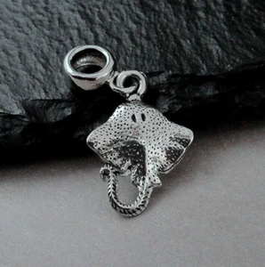 Silver Stingray Dangle Charm - Manta Ray Charm and bail -fits European Bracelets - Picture 1 of 2