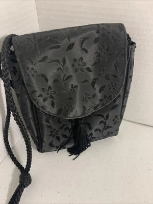Avon Classic Black Evening Bag Purse With Tassel Corded Strap Flocked - Image 1 of 4
