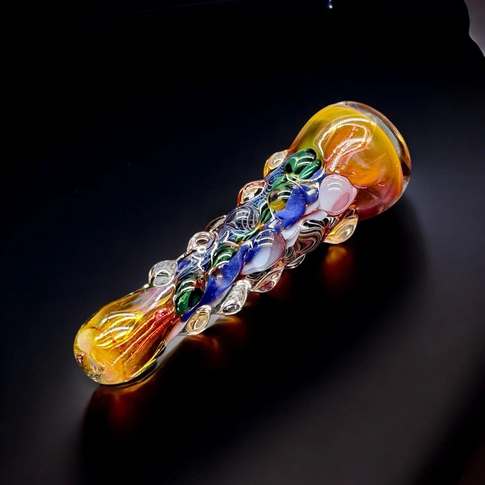 Gold Fumed Hand Blown Glass Chillum Pipe – USA Made, Colorful Dot Work, 3.5” - Image 1 of 4