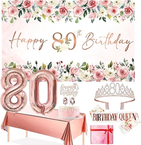 80Th Birthday Decorations Party Set for Women, Rose Gold Flower Peony 80Th Banne - Picture 1 of 12