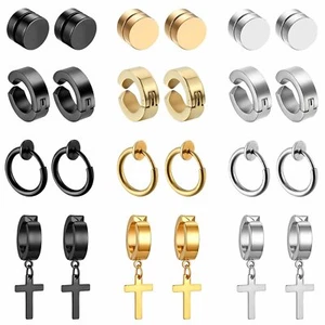 12Pairs Stainless Steel Non Piercing Ear Clips Stud Hoop Earrings For Men Women - Picture 1 of 6