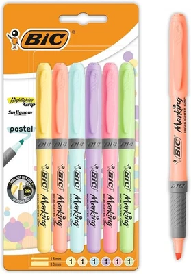 BIC Highlighter Grip Pastellmarker mit abgeschrägter Spitze, mehrfarbig, 6er Pac - Bild 1 von 4