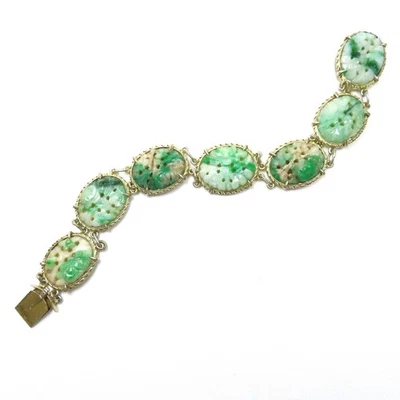 Brazalete chino Art Deco tallado jadeíta verde oro vermeil 800 plata Foto 1 de 4