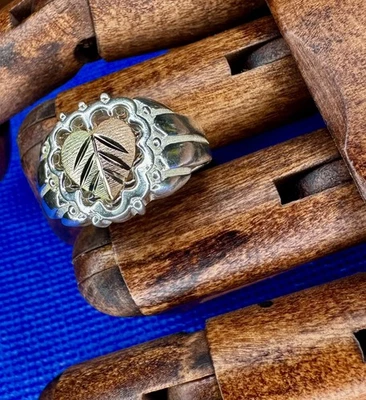 .925 Sterling Silver With 12 k Rose and Yellow Gold Heart Ring Size 8 Solid  - Image 1 of 4