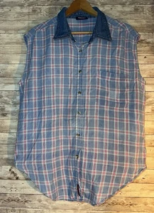 Faded Glory Vintage Plaid Sleeveless Blouse Denim Collar Good Condition - Picture 1 of 8