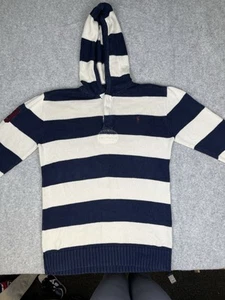 Polo Ralph Lauren Hooded S/M White Blue Striped Rugby Hoodie Knit Preppy - Picture 1 of 9