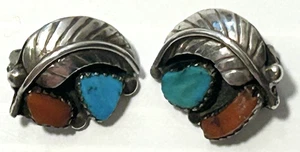 Vintage Indianer Sterling Clip-On Türkis & rote Koralle geschwungenes Blatt Ohrringe - Bild 1 von 7
