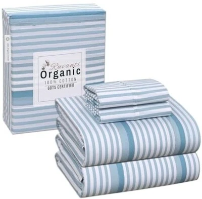  100% Organic Cotton King 4 Pieces, Soft & Breathable Percale Nautical Stripes - Image 1 of 4