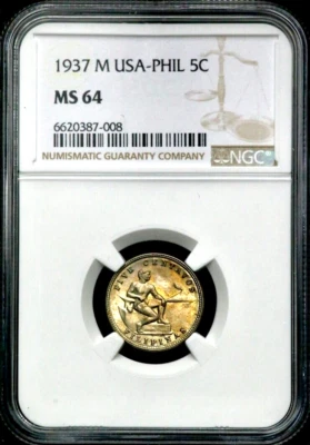 1937-M Five Centavos 5C The Philippines - NGC MS 64   CC277 - Image 1 of 4