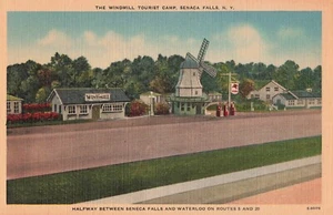 Seneca Falls, New York Postcard Windmill Tourist Camp Mobile Gas c 1940s E4 - Picture 1 of 2